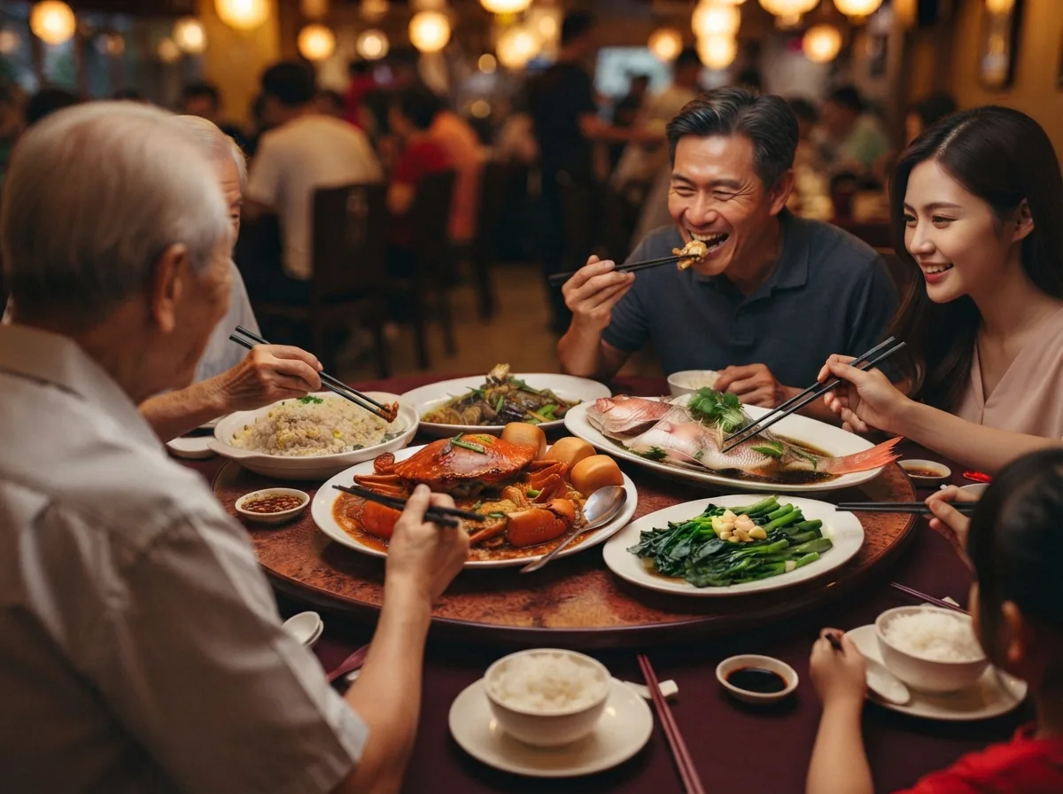 Three generations sharing seafood dishes at a round table