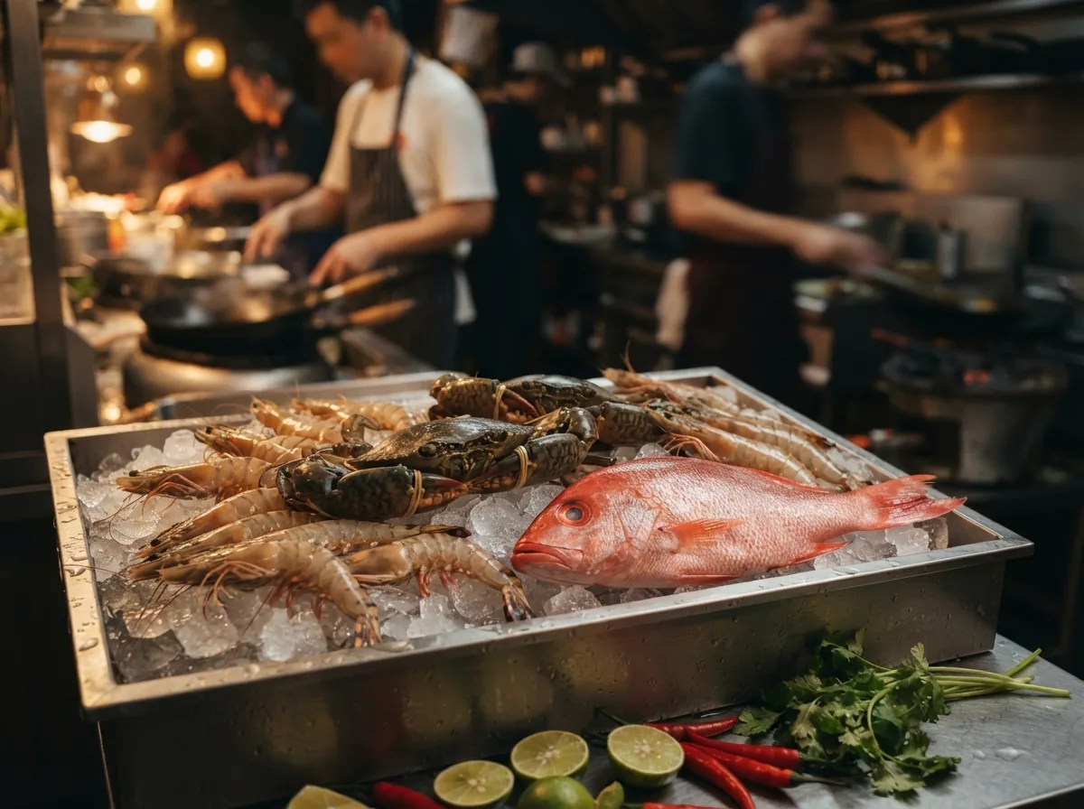 Fresh crab, prawns and red snapper on ice in the kitchen
